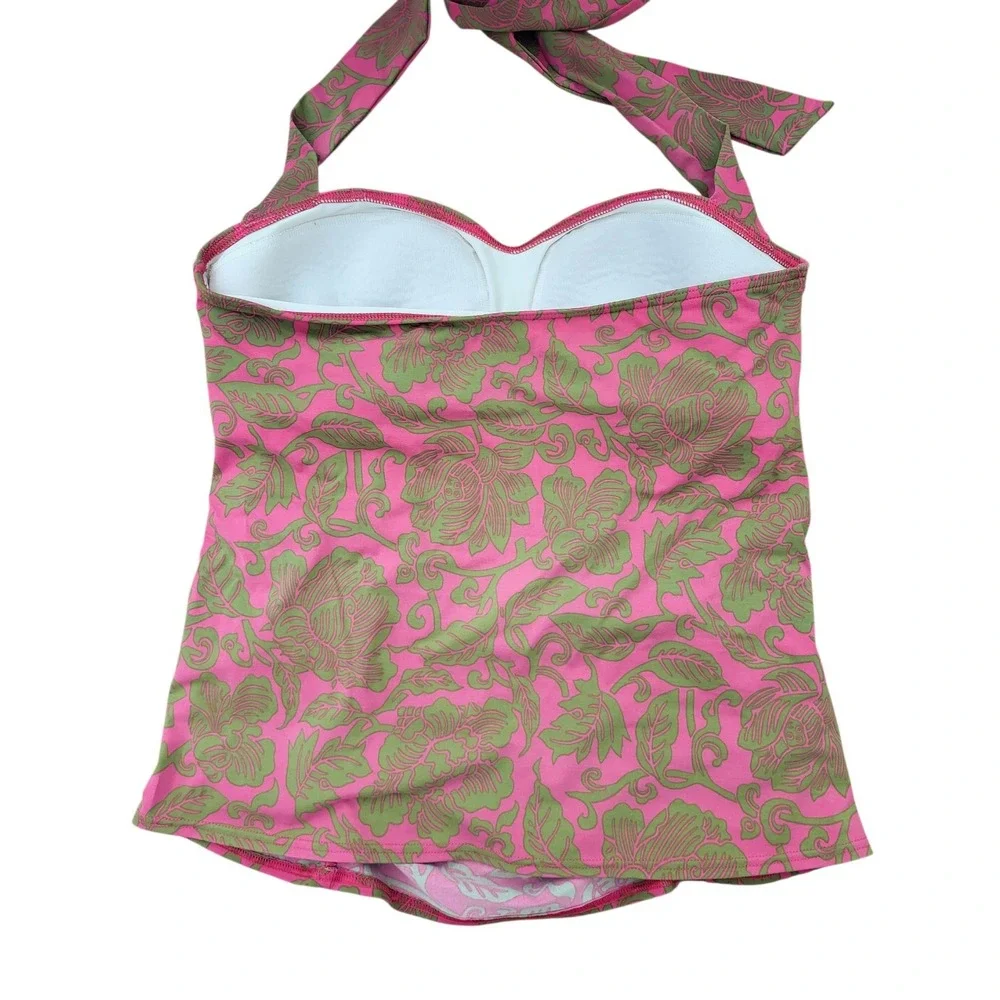 Lands' End Halter Tankini Swim Top Womens 12 Ruched Pink Green‎ Floral Tropical